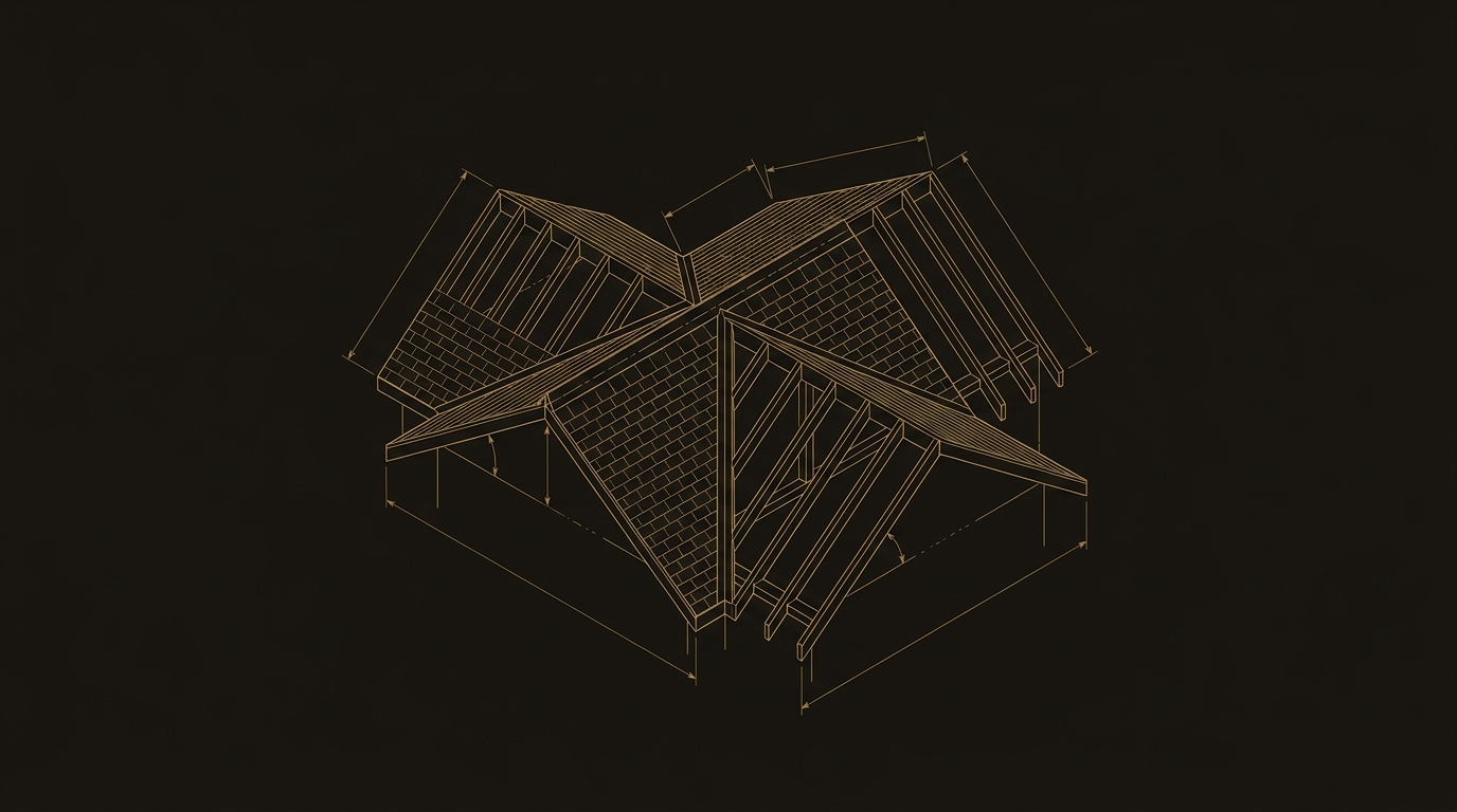 Blueprint plate: a gabled roof drawn in fine gold linework, rafters and shingle courses dimensioned